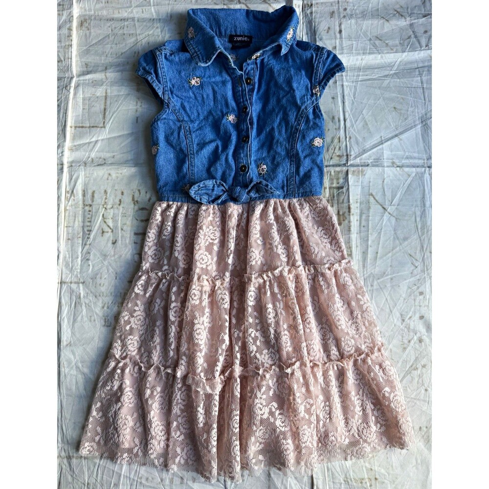 Zunie Girls Blue Pink Floral Denim Shirt Dress, Collared Button Lace Ruffle